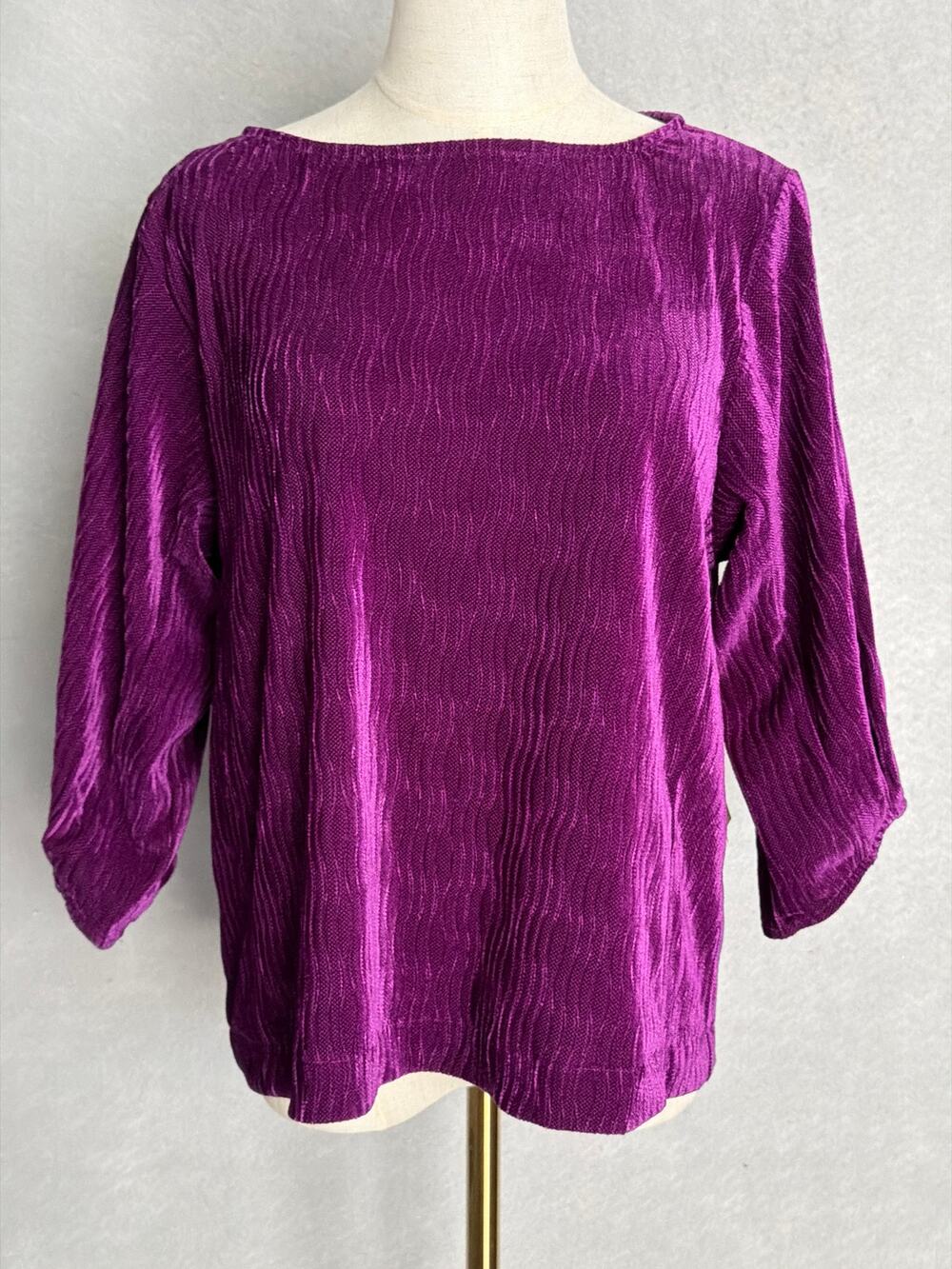 Tru Luxe Crinkle Velvet Top Round Neck with Bow Tie in Plum Women's Medium NEW